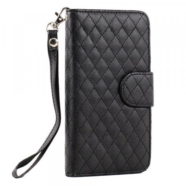 Wholesale Samsung Galaxy Note 4 Quilted Flip Leather Wallet Case w Stand and Strap (Black)